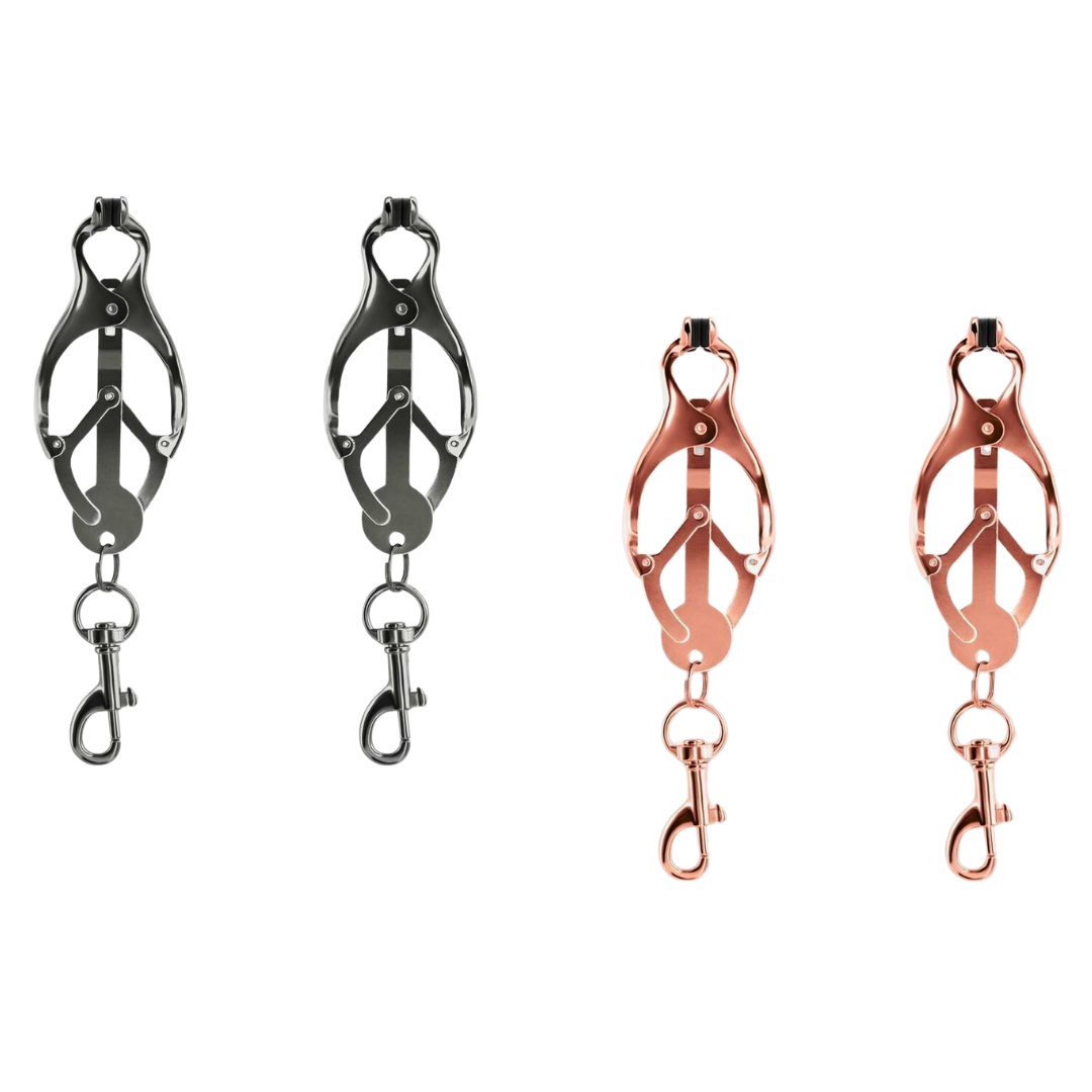 Clover-shaped nipple clamps with pull-to-tighten design, nickel-free metal, and silicone tips for intense stimulation.
Keywords: clover nipple clamps, pull-tight nipple clamps, nickel-free BDSM clamps, intense nipple play, silicone-tipped clamps, advanced nipple clamps, BDSM accessories, rose gold clamps, gunmetal nipple clamps, luxury nipple play tools.