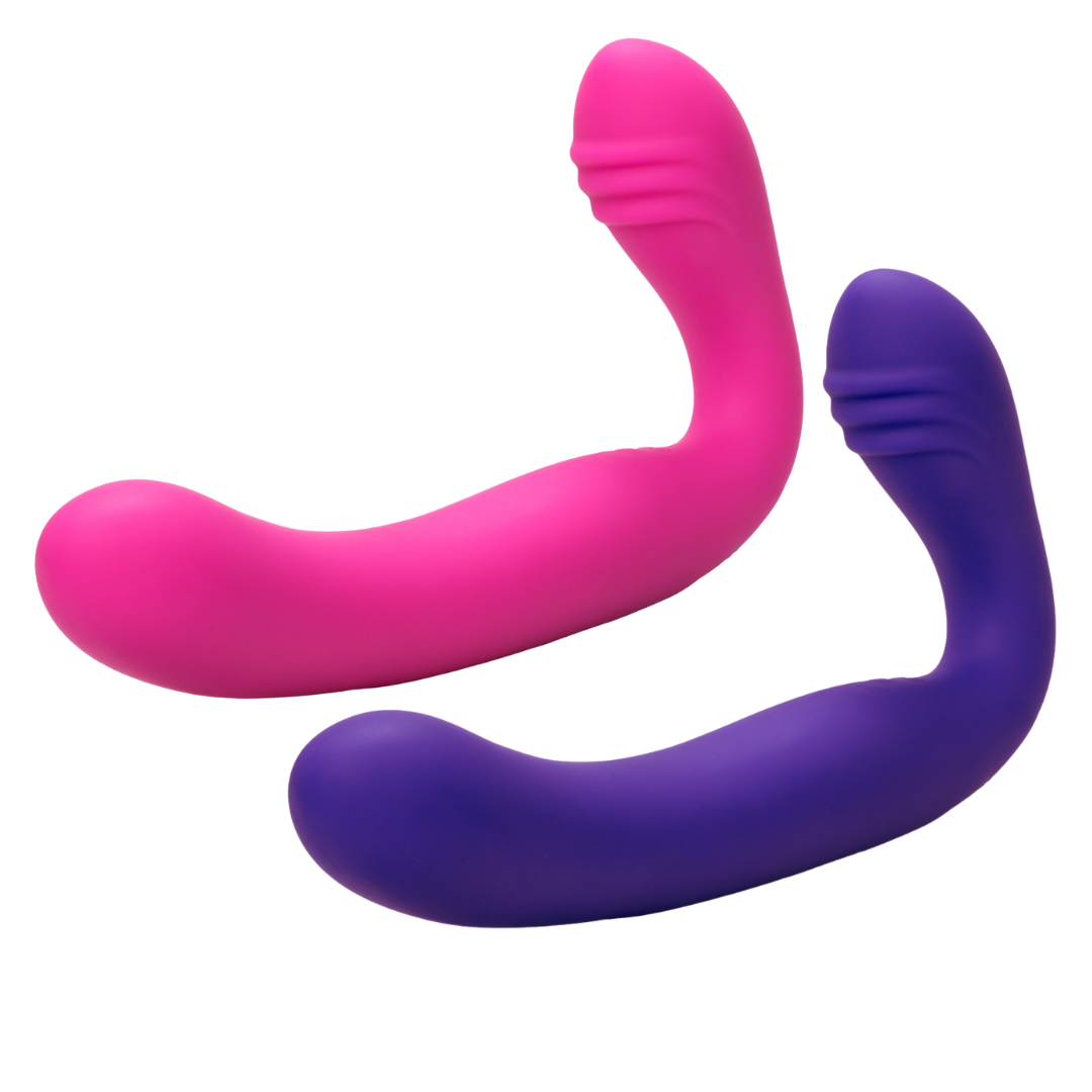 Image of Her Royal Harness® Love Rider Strapless Strap-On, available in pink or purple, featuring a dual-sided design, 30 vibration functions, and USB rechargeable convenience.