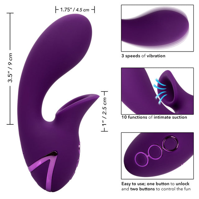 California Dreaming® Huntington Beach Heartbreaker rabbit vibrator with clitoral suction and vibrating shaft.
rabbit vibrator with suction, clitoral suction vibrator, dual-action vibrator, silicone rabbit vibrator, waterproof rabbit vibrator, USB rechargeable vibrator, travel-friendly vibrator, customizable suction vibrator, 10-function vibrator.