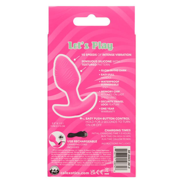 Cheeky Rechargeable Silicone Glow In The Dark Anal Butt Plug featuring 10 vibration speeds and a textured design for enhanced sensations. Waterproof (IPX7), USB rechargeable, and travel-friendly with a secure lock. Insertable length: 3.5 inches. Perfect for adventurous play!
