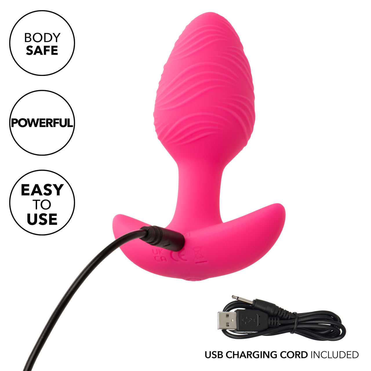 Cheeky Rechargeable Silicone Glow In The Dark Anal Butt Plug featuring 10 vibration speeds and a textured design for enhanced sensations. Waterproof (IPX7), USB rechargeable, and travel-friendly with a secure lock. Insertable length: 3.5 inches. Perfect for adventurous play!
