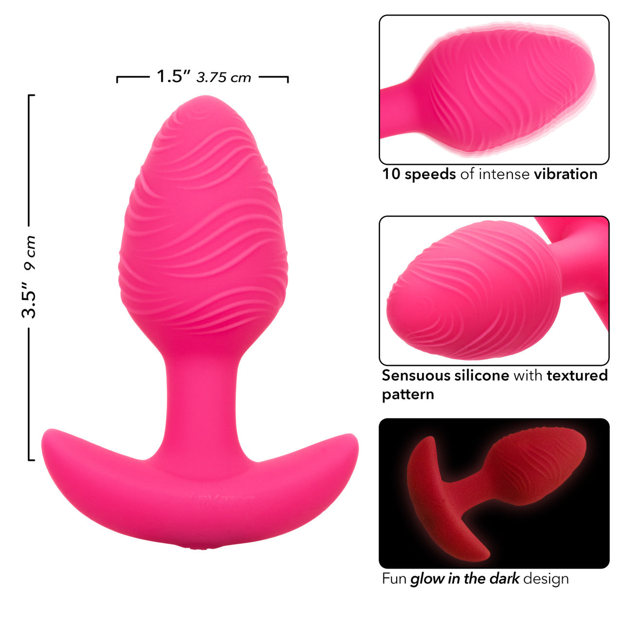Cheeky Rechargeable Silicone Glow In The Dark Anal Butt Plug featuring 10 vibration speeds and a textured design for enhanced sensations. Waterproof (IPX7), USB rechargeable, and travel-friendly with a secure lock. Insertable length: 3.5 inches. Perfect for adventurous play!
