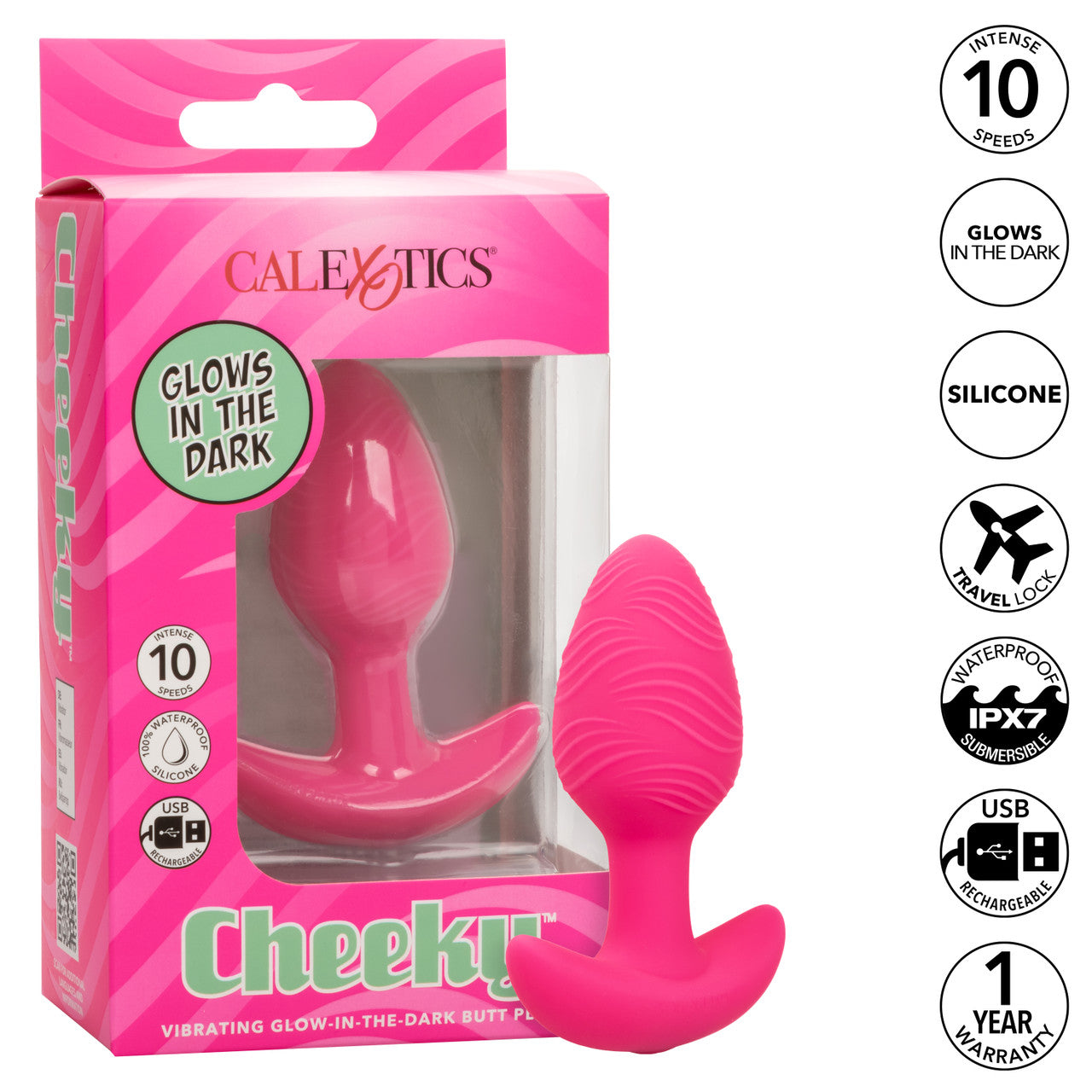 Cheeky Rechargeable Silicone Glow In The Dark Anal Butt Plug featuring 10 vibration speeds and a textured design for enhanced sensations. Waterproof (IPX7), USB rechargeable, and travel-friendly with a secure lock. Insertable length: 3.5 inches. Perfect for adventurous play!