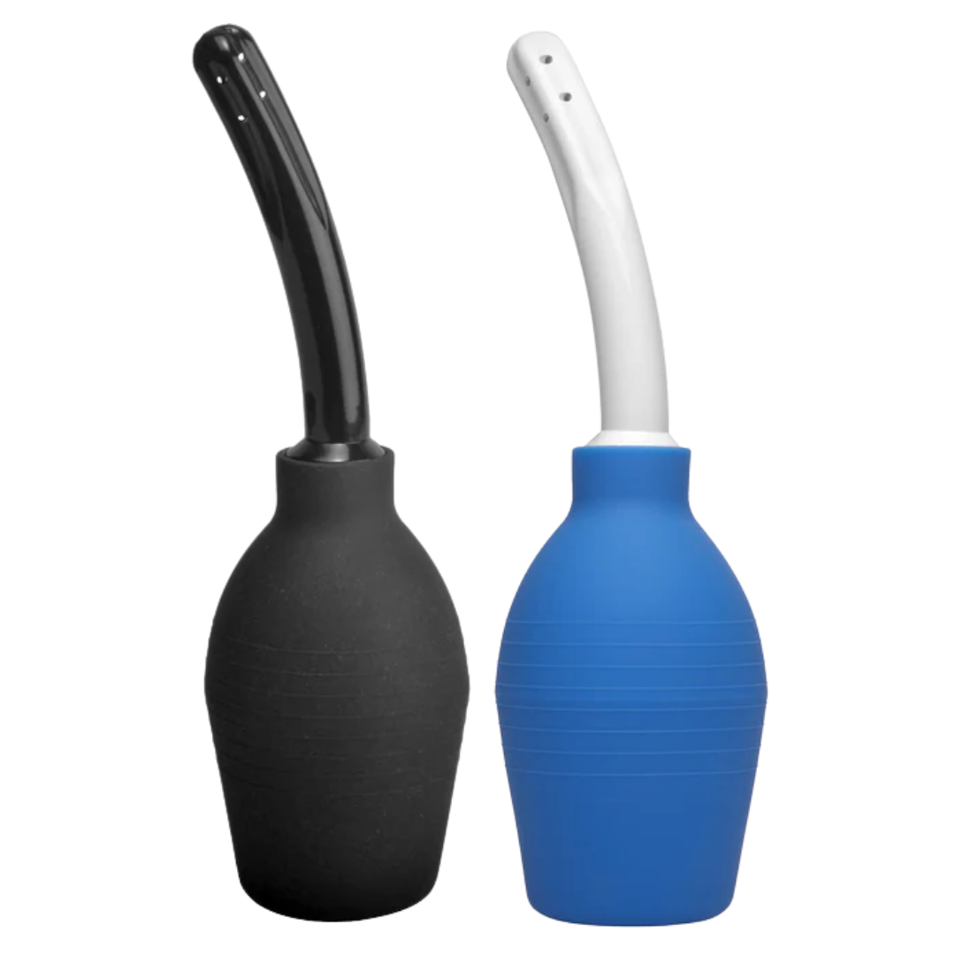 Deluxe enema bulb with a curved nozzle, available in black or blue/white. Compact, easy-to-use, and travel-friendly for effective intimate cleansing.