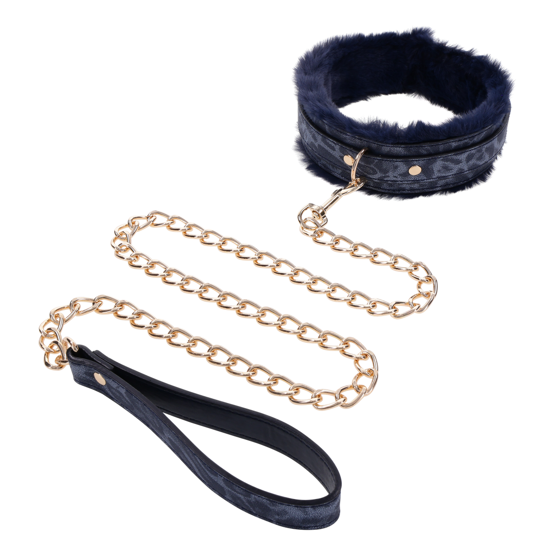 Cougar Fur Collar & Leash with royal blue faux fur lining, adjustable faux leather collar, and gold-plated leash for luxurious play.