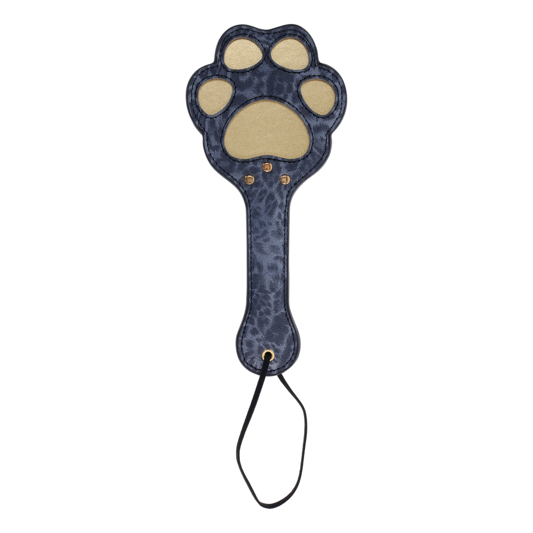 Cougar Paw Paddle with blue leopard faux leather, paw-shaped cutouts, and a wrist loop for playful impact play