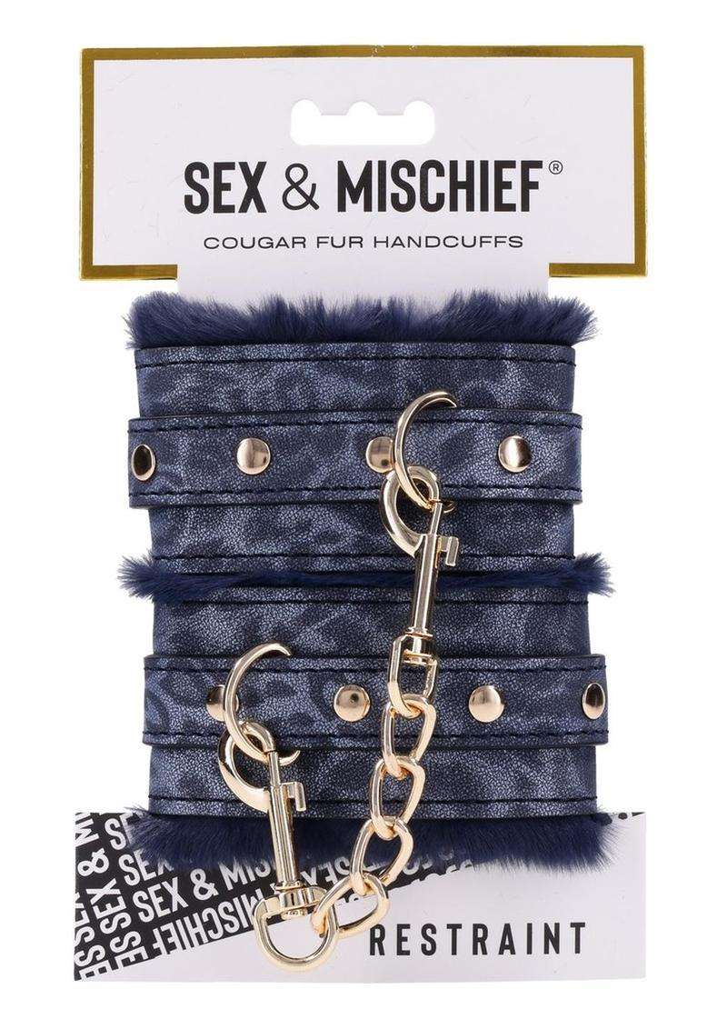 Sex and Mischief Cougar Fur Handcuffs - Blue/Gold/Navy Cougar fur handcuffs, faux fur handcuffs, blue fur bondage cuffs, gold-plated handcuffs, elegant BDSM cuffs, adjustable restraint cuffs, luxury bondage accessories