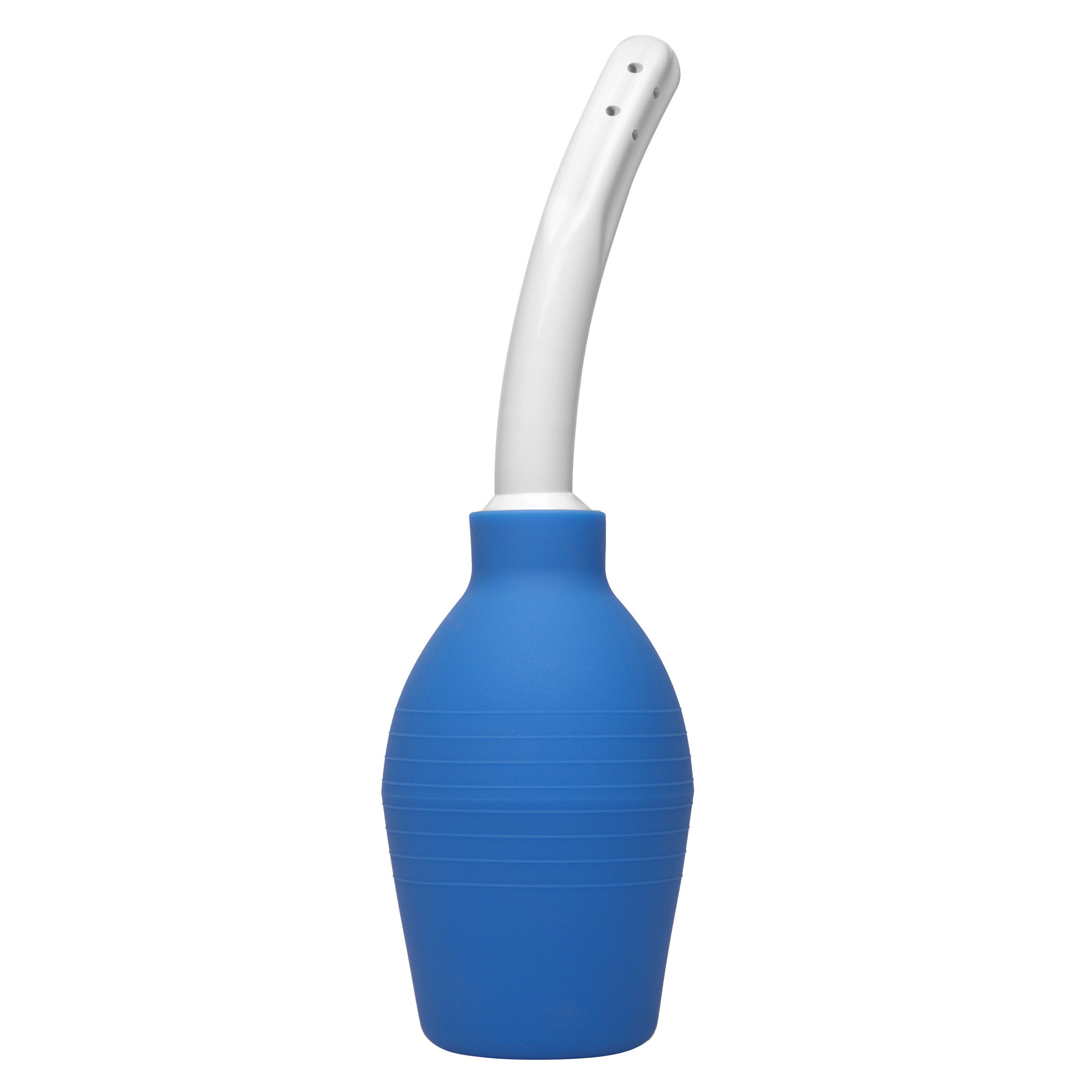 Deluxe enema bulb with a curved nozzle, available in black or blue/white. Compact, easy-to-use, and travel-friendly for effective intimate cleansing.