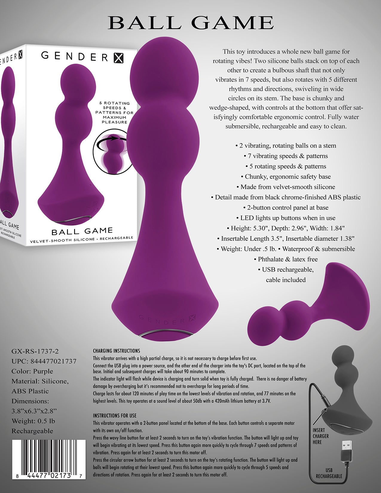 Rotating and vibrating silicone toy with dual-ball shaft, 7 vibration speeds, 5 rotation patterns, ergonomic base, and waterproof design.
rotating vibrating toy, dual silicone balls, vibrating shaft, rotating shaft, waterproof vibrator, ergonomic base toy, USB rechargeable toy, silicone vibrator, phthalate-free, body-safe toy.