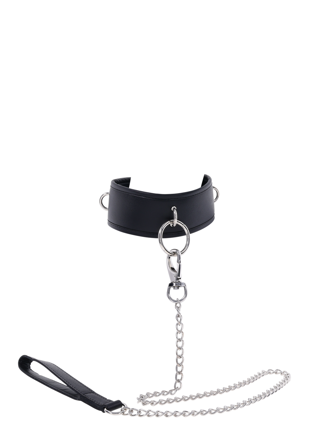 Edge® Collar and Leash with padded black faux leather design, silver hardware, removable leash, and versatile connection points for BDSM play