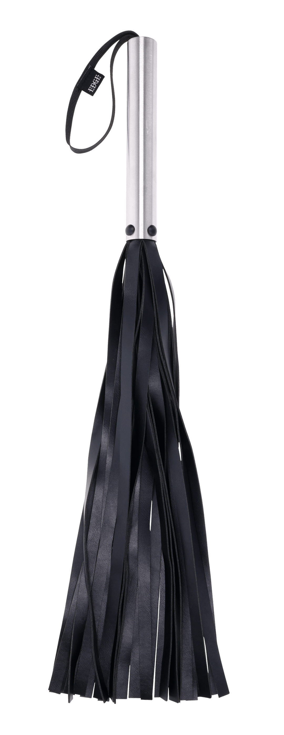 Edge Flogger with 30 black faux leather falls, stainless steel handle, and wrist loop for precision impact play