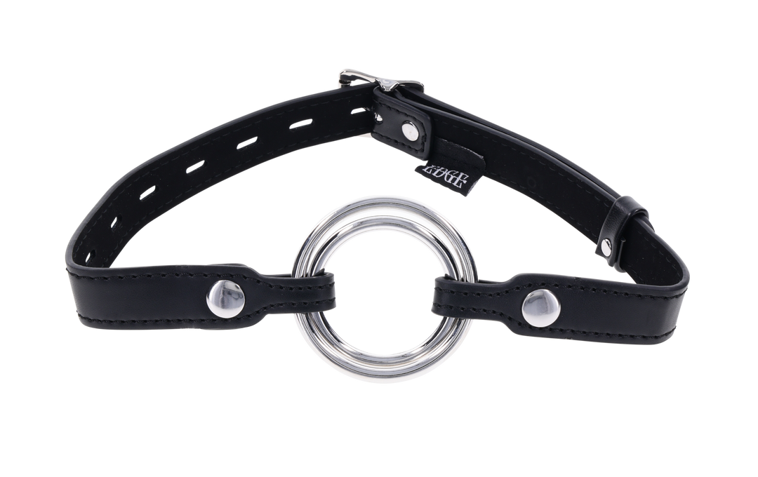 Edge Interchangeable Ring Gag with two stainless steel rings (1.5" and 2") and adjustable buckle for versatile BDSM play.
