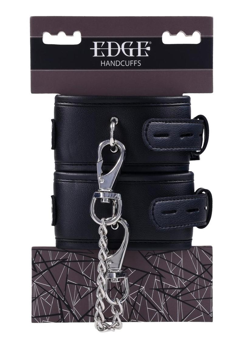 Edge handcuffs, padded bondage cuffs, adjustable black handcuffs, secure BDSM restraints, reinforced stitching cuffs, versatile restraint cuffs, durable power play cuffs