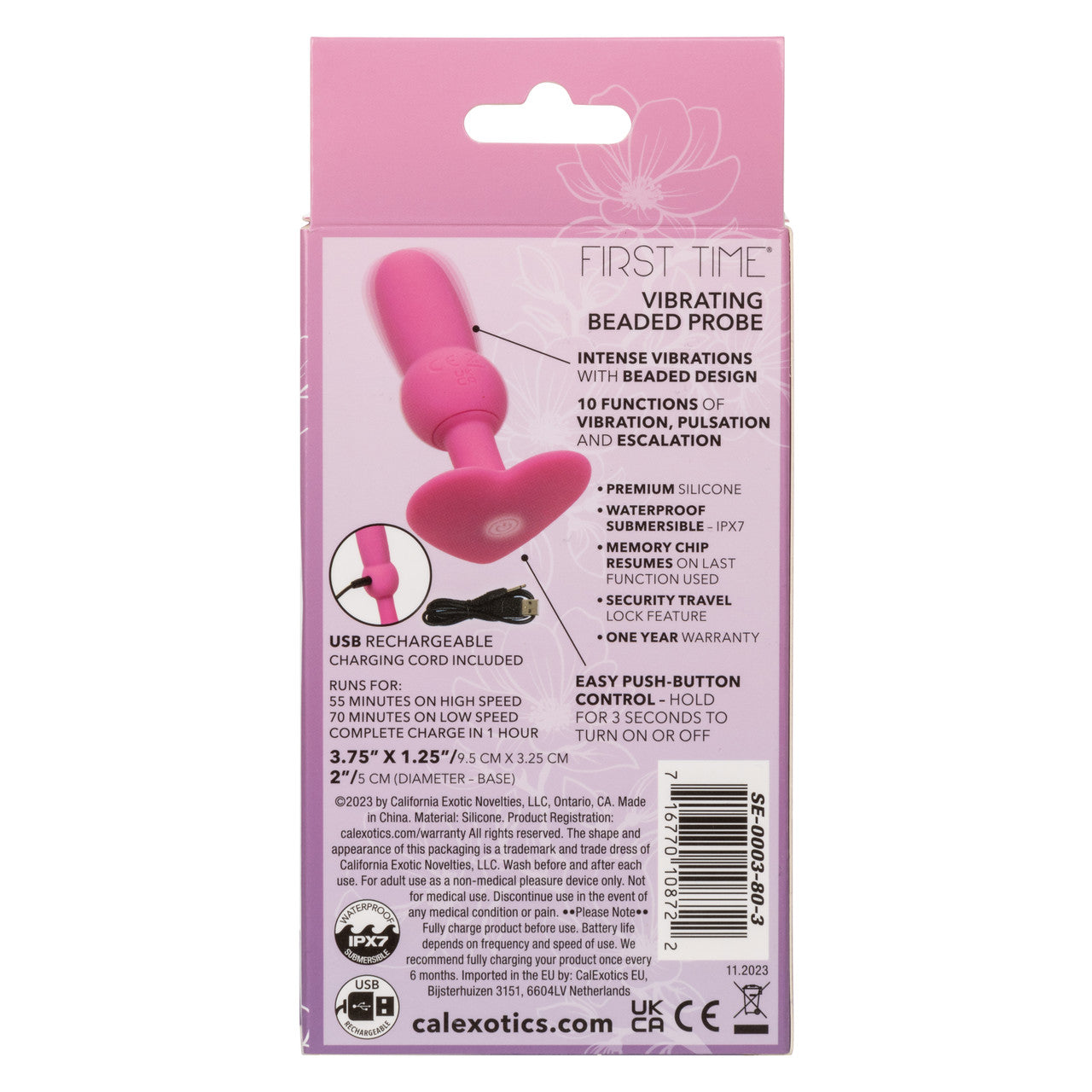 First Time Beginner Vibrating Beaded Silicone Rechargeable anal butt Probe back box The back of the product packaging, detailing the probe's features like the memory chip, travel lock, and USB rechargeable benefits.