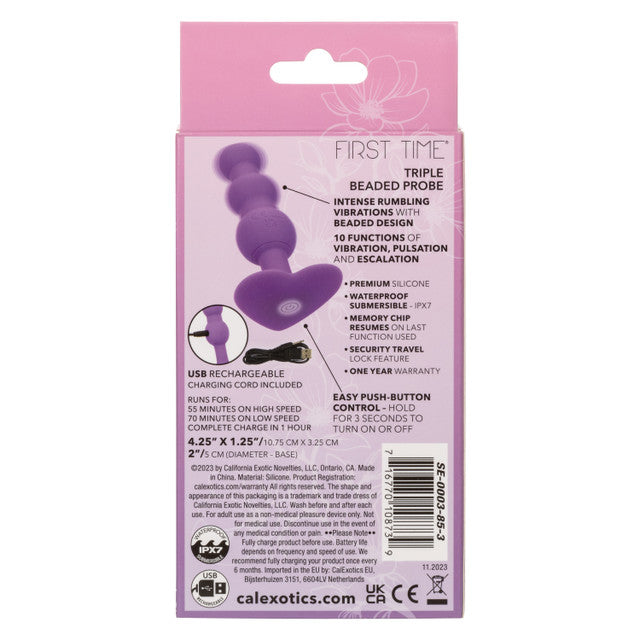 First Time Triple Beaded Silicone Rechargeable Anal Butt Probe The back of the packaging displaying detailed specifications, including measurements, travel lock, memory chip, and usage instructions.
