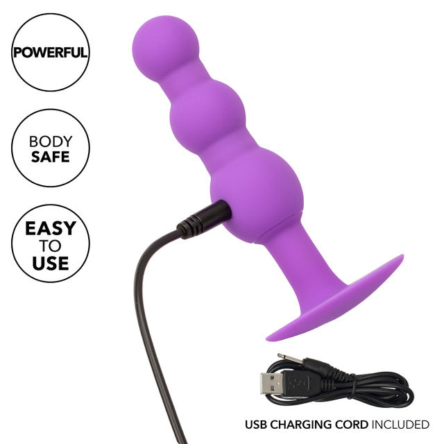 First Time Triple Beaded Silicone Rechargeable Anal Butt Probe The probe shown connected to a USB charger, highlighting its rechargeable feature, body-safe material, and ease of use with clear product details.