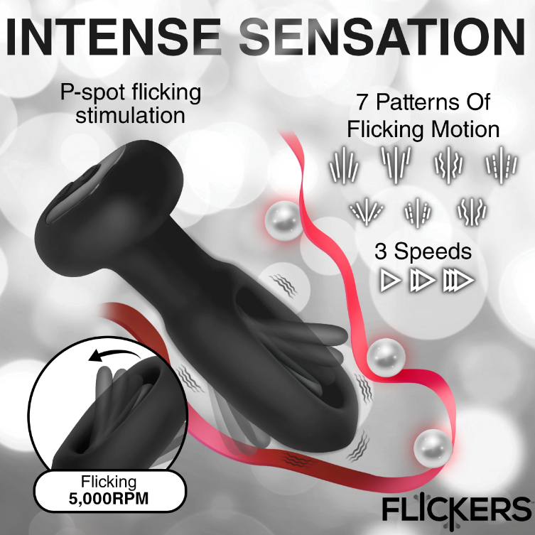Flicking Booty Toy: Premium silicone plug with 3 speeds and 7 patterns of vibration and flicking. Remote-controlled, waterproof, and rechargeable for ultimate prostate stimulation.