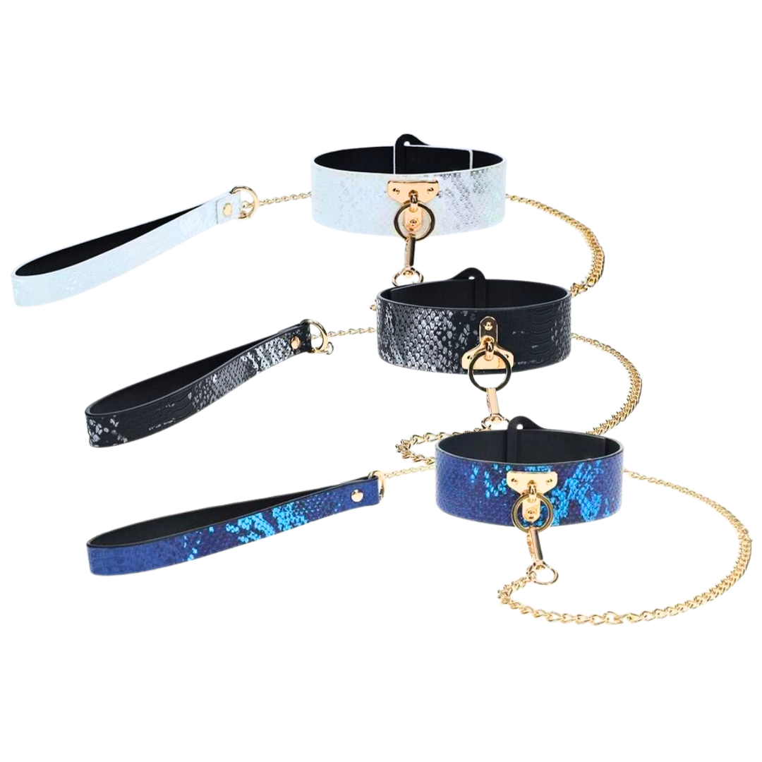 Florence Collection Collar and Leash by Ouch! featuring bonded leather and iridescent hardware, designed for stylish control and comfort