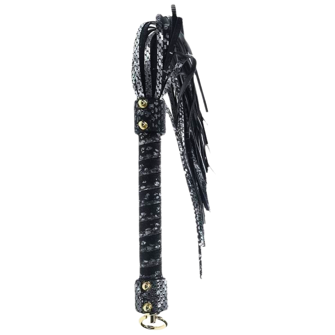 Florence Collection Flogger, BDSM flogger, textured handle flogger, gold-tone flogger, Ouch! BDSM gear, reptile-textured flogger, beginner flogger, durable BDSM falls, stylish flogger, Shots Toys warranty.
