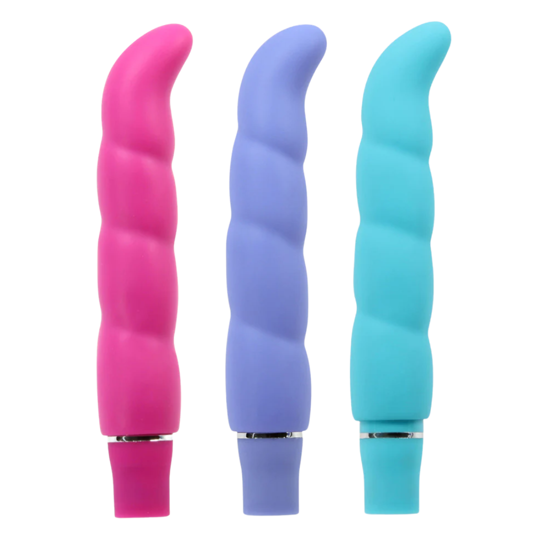 Purity G Vibrator with ergonomic G-spot curve, 10 vibrating functions, and satin-smooth silicone, available in Blue Aqua, Purple Periwinkle, or Hot Pink.
G-spot vibrator, 10-function silicone vibrator, waterproof G-spot toy, satin-smooth vibrator, ergonomic G-spot curve, body-safe G-spot vibrator, colorful waterproof vibrator, Purity G 5-year warranty.