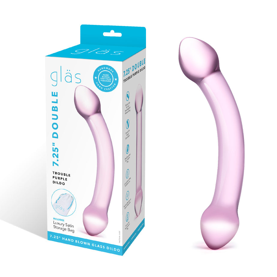 Purple double-ended glass dildo with ribbed and nubbed textures, bulbous tips, and hypoallergenic, fracture-resistant design for versatile pleasure.
Gläs Double Trouble dildo, 7.25-inch glass dildo, purple glass dildo, double-ended dildo, ribbed glass dildo, nubbed glass dildo, hypoallergenic dildo, temperature play glass dildo, fracture-resistant double dildo, handblown glass toy
