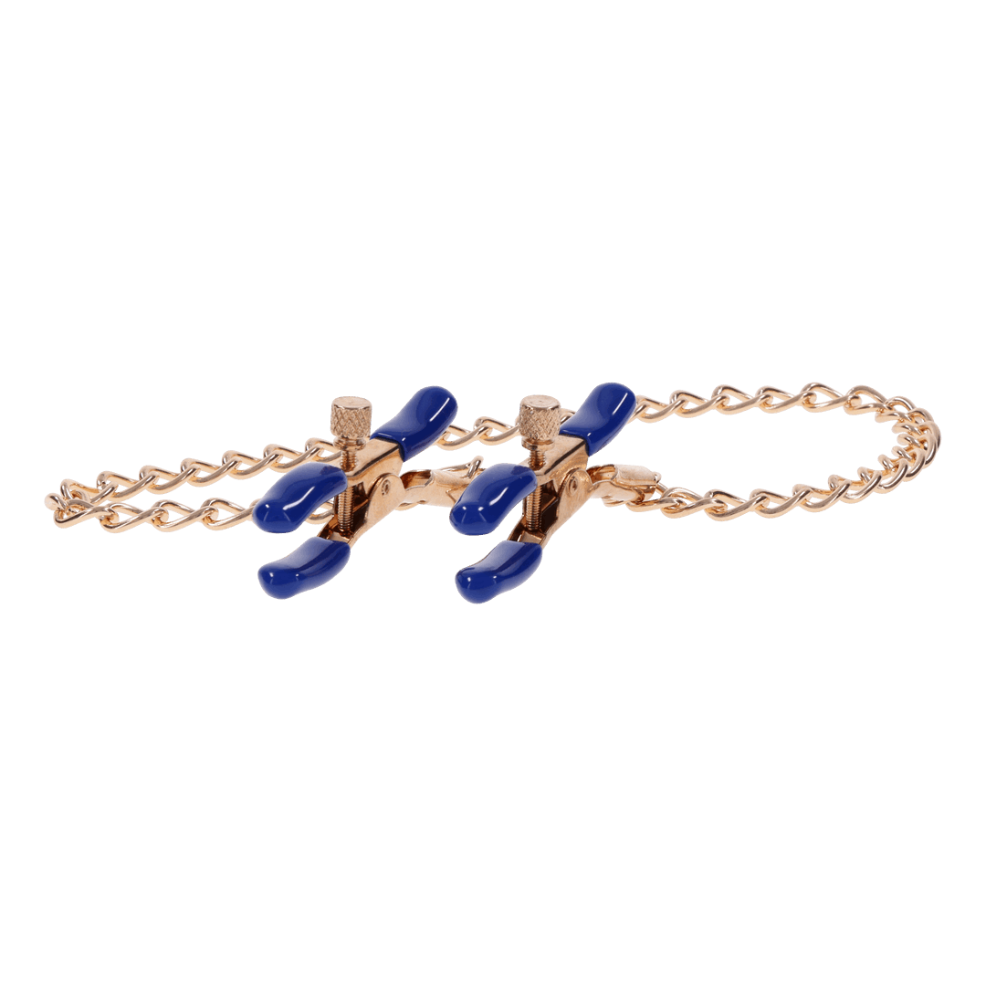 Gold chain nipple clamps with blue tips, adjustable thumb-screws, and removable rubber tips for varied intensity and versatile sensation play