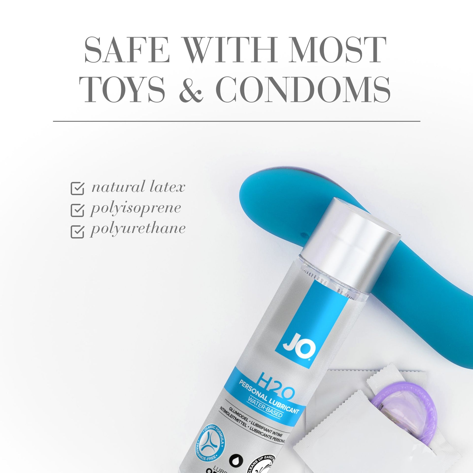 Water-based lubricant, silky smooth, long-lasting, non-sticky, latex-compatible, safe for toys, paraben-free.