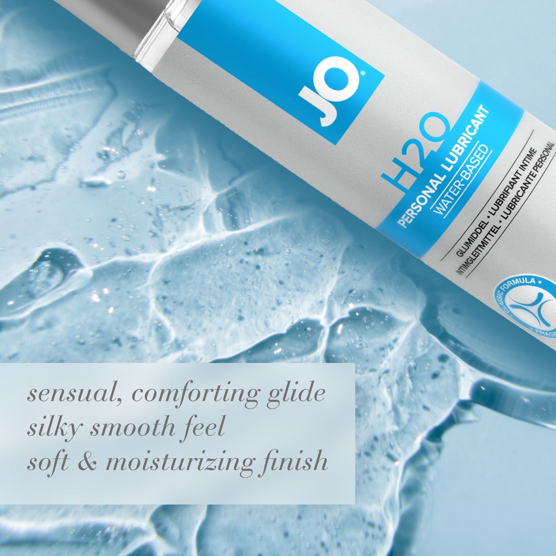 Water-based lubricant, silky smooth, long-lasting, non-sticky, latex-compatible, safe for toys, paraben-free.