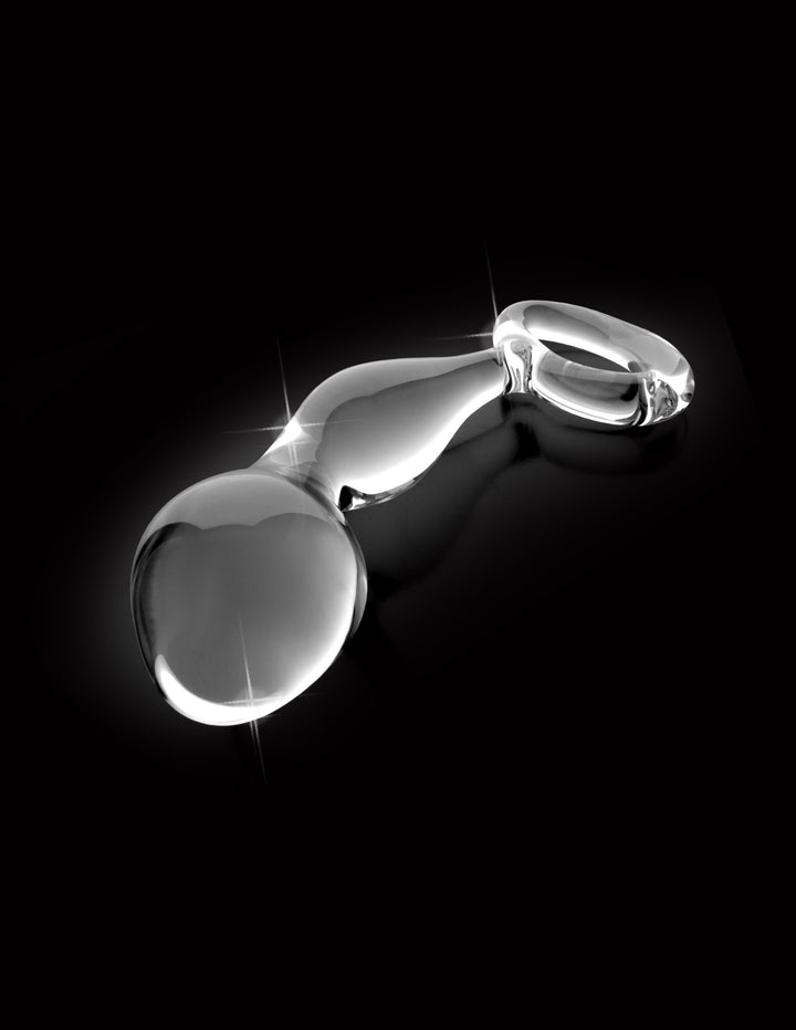 Clear glass anal plug with a tapered tip, stimulating bulbs, curved P-spot design, and ringed base for safe, luxurious play and temperature sensations.
Icicles No. 46, glass anal plug, P-spot stimulation plug, hand-blown glass plug, hypoallergenic anal toy, temperature play plug, ringed base glass plug, body-safe glass dildo, dishwasher-safe plug, luxury glass anal massager