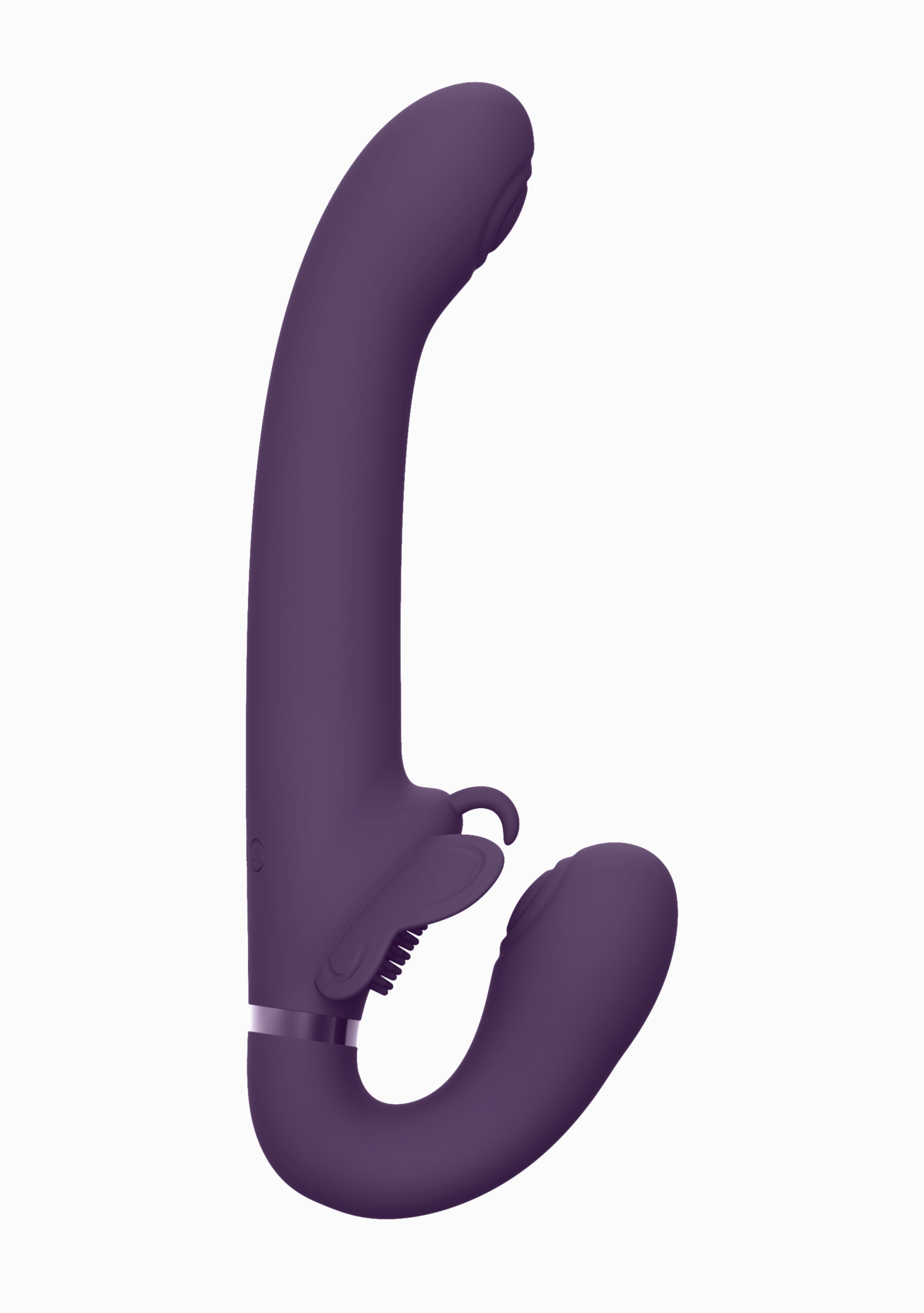 Image of the SATU strapless strap-on in black, featuring a sleek design, three motors for clitoral, G-spot, and partner stimulation, and a USB magnetic charger.