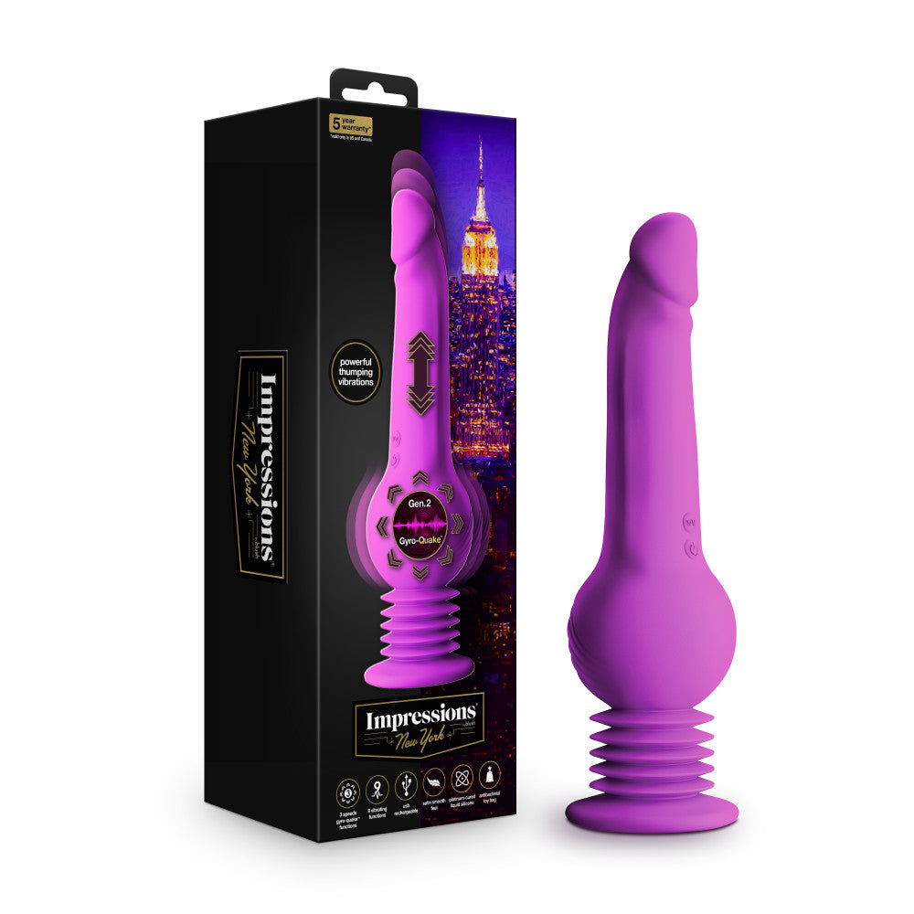 Purple G-spot dildo with thumping and vibrating Gen 2 Gyro-Quake™ technology, suction base, and waterproof silicone design.
Keywords: Impressions New York, vibrating dildo, G-spot dildo, thumping dildo, Gyro-Quake technology, silicone dildo, suction cup dildo, IPX7 waterproof, platinum-cured silicone, USB rechargeable, 9.75-inch dildo, ergonomic design, hands-free pleasure, luxury sex toy