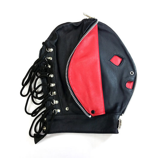 Leather Fly Trap Mask with black outer hood, red inner hood, zipper front, and D-ring for restraints. Includes openings for eyes, nostrils, and mouth.