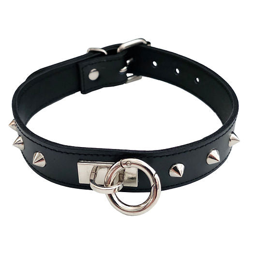 Leather O-Ring Studded Collar, studded leather collar with O-ring, BDSM collar with removable ring, adjustable leather day collar, bold leather clubbing collar, spiked leather BDSM accessory, black leather O-ring collar, stylish studded leather choker, versatile BDSM collar, riveted leather collar with ring, adjustable leather choker for play, leather collar for beginners, customizable leather collar, statement leather accessory collar, leather collar with metal hardware, pink leather studded collar, purple
