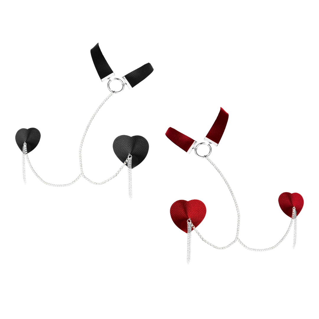 The Nipplicious Leather Collar and Pasties Set pairs a sleek leather collar with heart-shaped pasties and chains, designed for bold and sensual play. Keywords: leather collar and pasties, heart-shaped nipple pasties, Nipplicious pasties, dominatrix collar, nipple play accessories, bondage sets, sexy collar and pasties, chain nipple pasties, kinky bedroom accessories, body-safe nipple pasties.