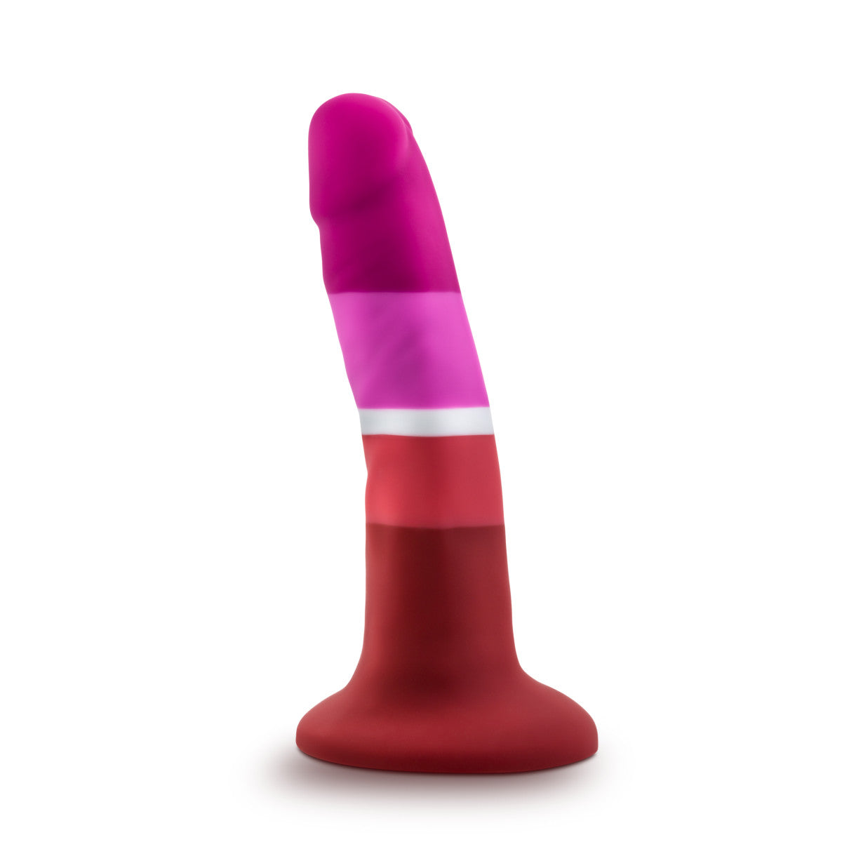 Lesbian pride-colored silicone dildo with a petite design, straight shaft, and suction base, made from smooth Purio™ silicone. Keywords: lesbian pride dildo, Avant dildo, petite dildo, beginner-friendly dildo, suction cup dildo, harness-compatible dildo, body-safe silicone dildo, colorful pride dildo, Purio silicone, artisan-crafted dildo.