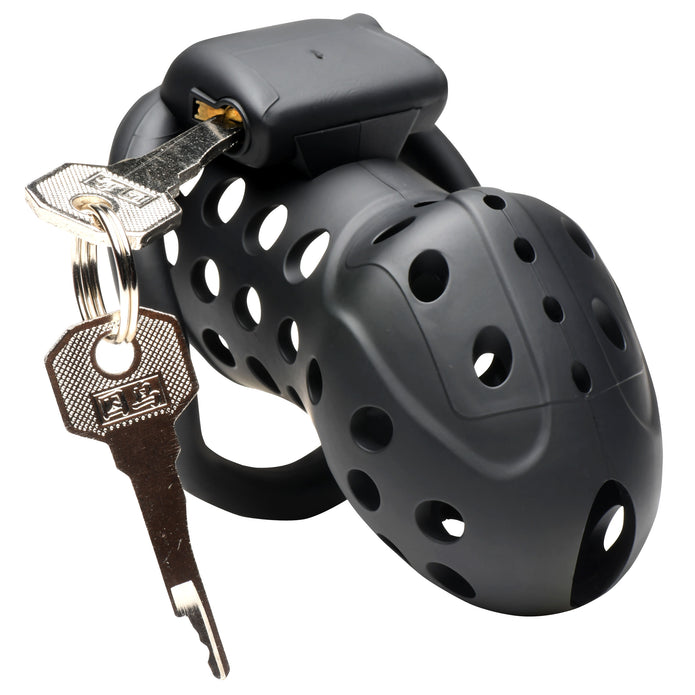 Lock Down Chastity Cage with breathable design, four adjustable rings, cum-thru tip, and secure locking system for BDSM chastity play