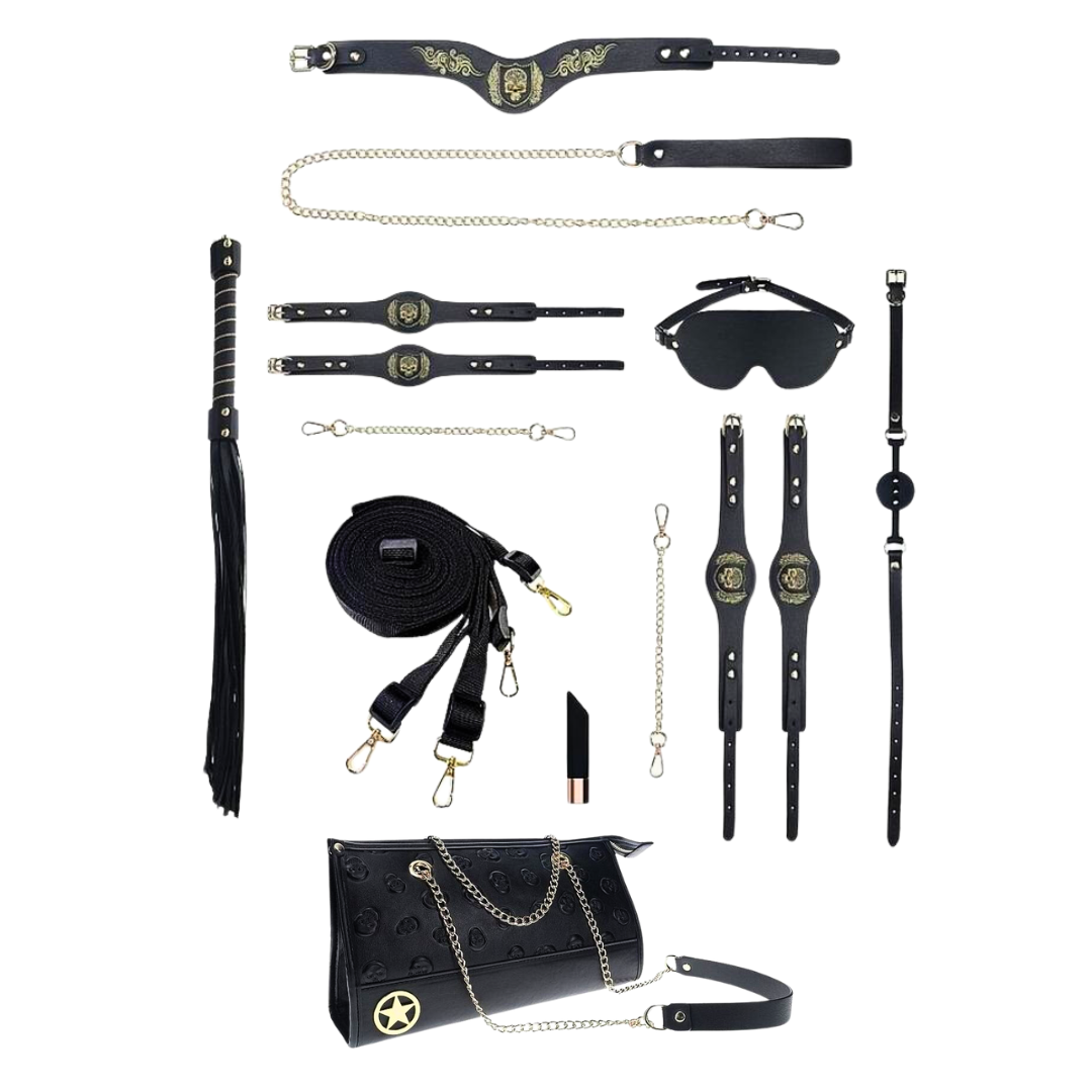 London Collection Kit by Ouch! featuring a complete BDSM set with iridescent hardware, a black skull-embossed handbag, and luxurious bondage accessories.