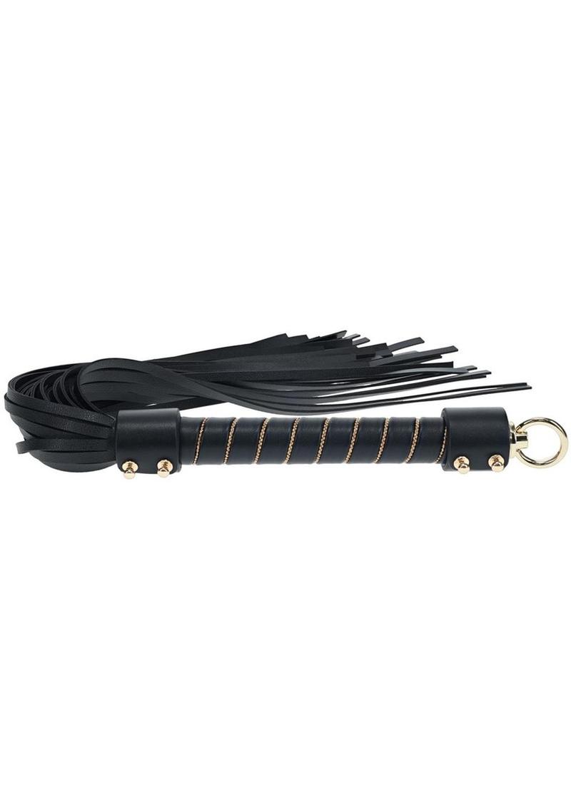 Ouch! London Collection Flogger - Black London Collection Flogger by Ouch! featuring black bonded leather strands, a sturdy handle with gold accents, and iridescent hardware for stylish impact play.