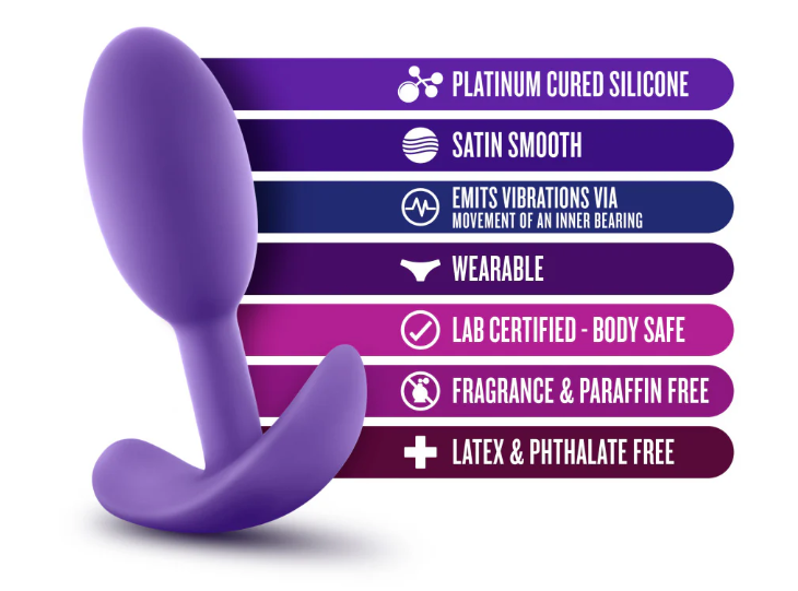 platinum cured silicone satin smooth emits vibrations via movement of an inner bearing wearable lab certified body safe fragrance free parraffin free
