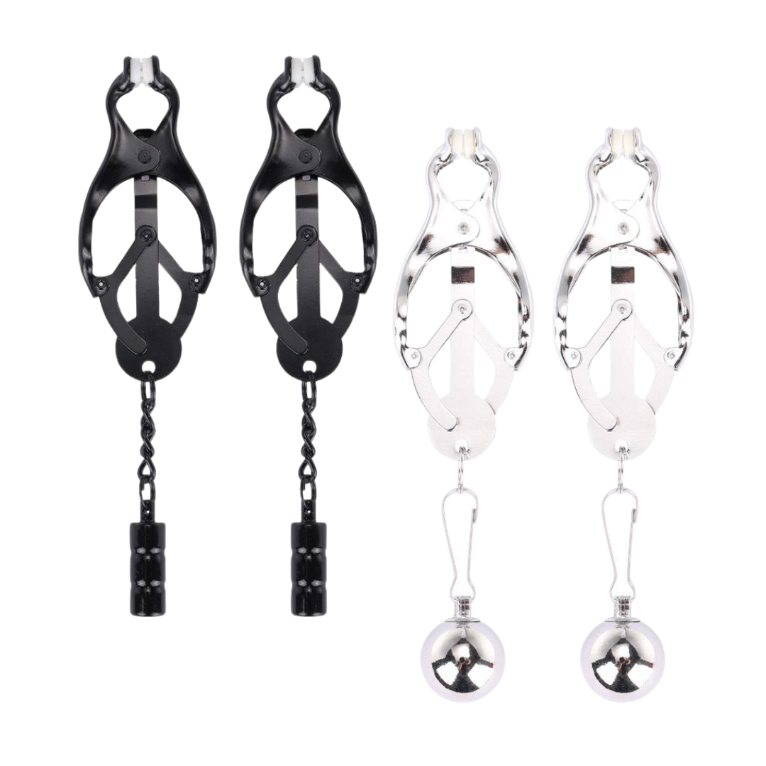 Stylish, sturdy nipple clamps with rubber-coated ends, nickel-free steel, and decorative weights. Available in sleek silver and bold black for ultimate sensation play.