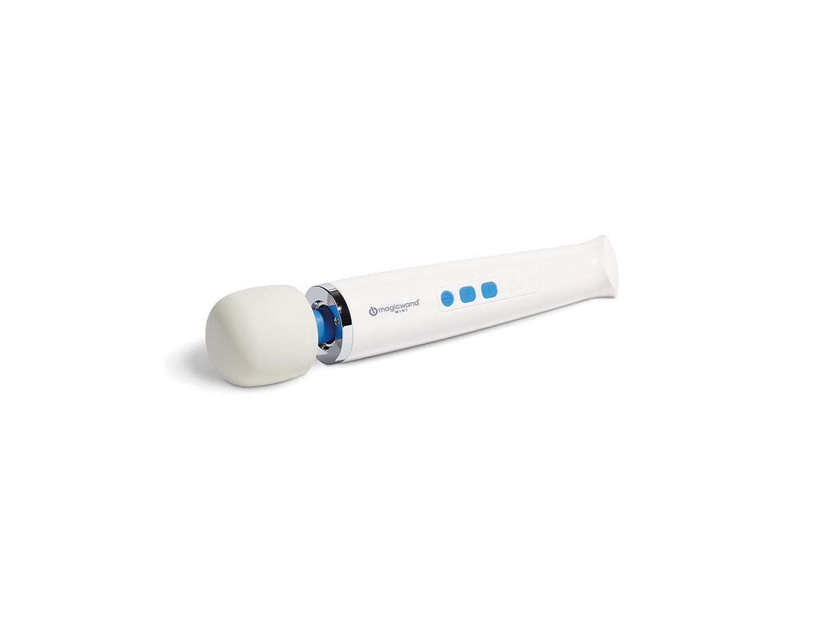 Magic Wand Mini rechargeable wand massager with deep vibrations, flexible neck, soft silicone head, cordless design, and three intensity settings.