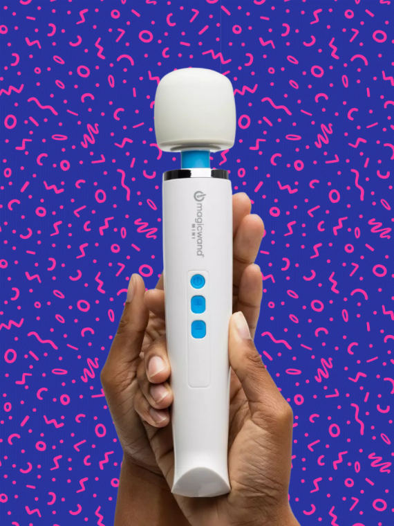 Magic Wand Mini rechargeable wand massager with deep vibrations, flexible neck, soft silicone head, cordless design, and three intensity settings.