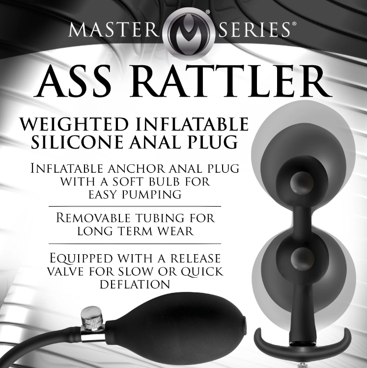 Master Series Ass Rattler: Inflatable anal plug with weighted steel balls for deep, customizable stimulation. Premium silicone, removable hose, and quick-release valve.