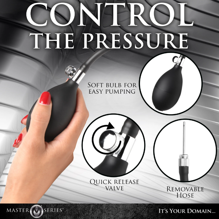 Master Series Ass Rattler: Inflatable anal plug with weighted steel balls for deep, customizable stimulation. Premium silicone, removable hose, and quick-release valve.