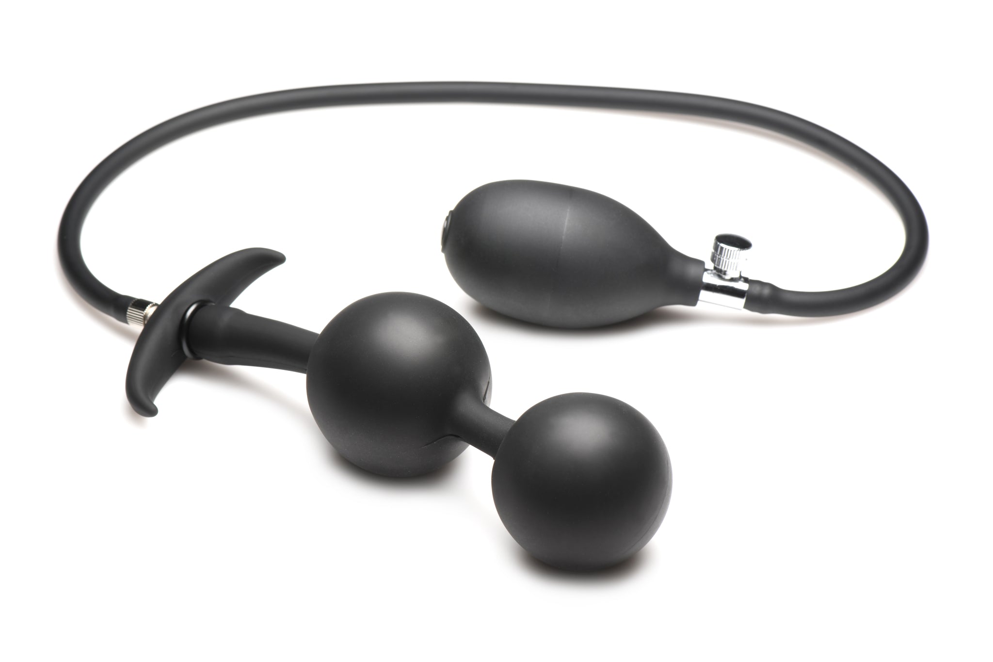 Master Series Ass Rattler: Inflatable anal plug with weighted steel balls for deep, customizable stimulation. Premium silicone, removable hose, and quick-release valve.