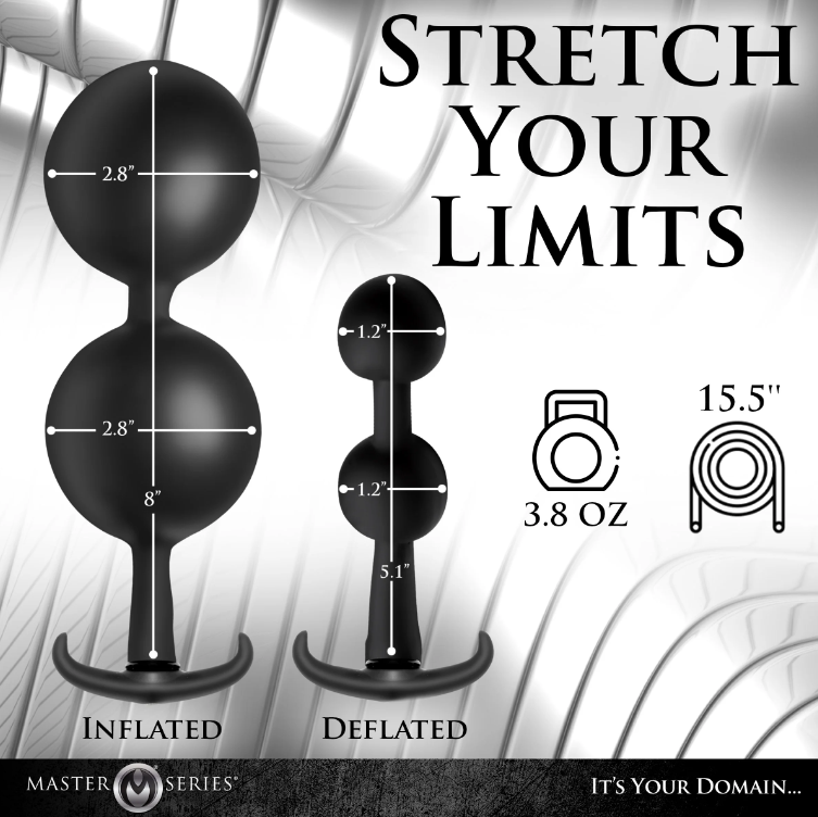 Master Series Ass Rattler: Inflatable anal plug with weighted steel balls for deep, customizable stimulation. Premium silicone, removable hose, and quick-release valve.