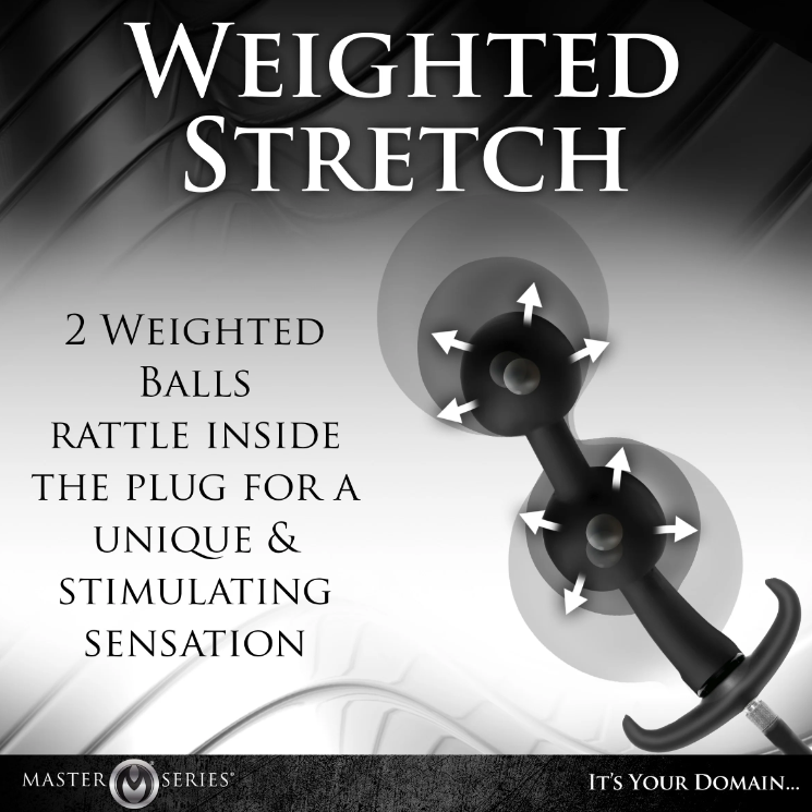 Master Series Ass Rattler: Inflatable anal plug with weighted steel balls for deep, customizable stimulation. Premium silicone, removable hose, and quick-release valve.