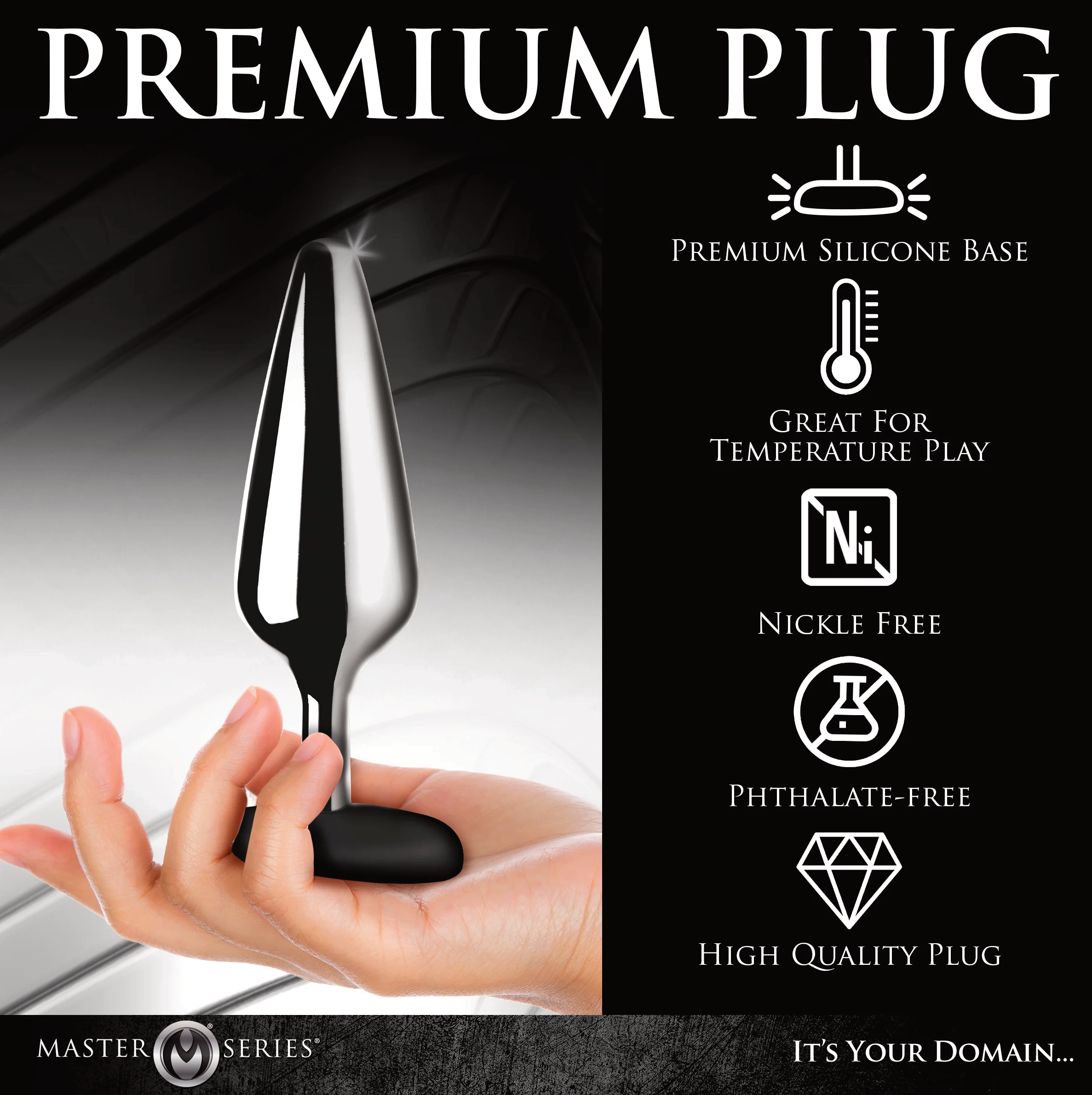 Metal Butt Plug with "SLUT" Base: Lightweight aluminum plug for temperature play with a cheeky silicone base, body-safe