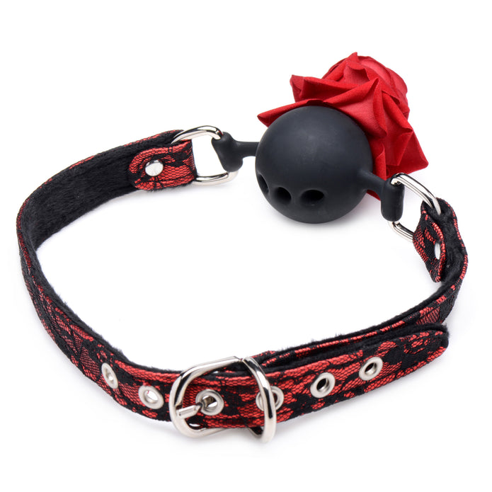 Master Series Silicone Ball Gag with a red rose accent, breathable silicone ball, adjustable lace strap, and soft inner lining.
Master Series ball gag, rose ball gag, breathable silicone gag, red and black lace gag, adjustable BDSM gag, realistic rose gag, soft inner lining gag, bondage accessories, floral ball gag, premium silicone gag.