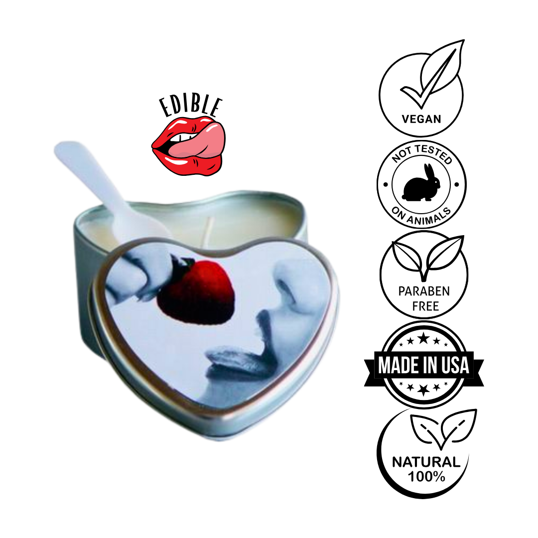 Earthly Body 3-in-1 Edible Heart Massage Candle, strawberry scent, 100% natural, vegan, and lickable with hemp, soy, and coconut oils.
edible massage candle, Earthly Body candle, 3-in-1 massage candle, strawberry-scented candle, hemp seed oil candle, lickable massage oil, natural massage candle, vegan massage candle, soy massage candle, romantic massage oil